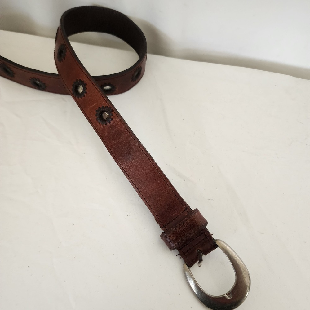 Y2K Paul Harris Brown Leather Belt Bohemian Sunshine Mirrors Whimsical 37"